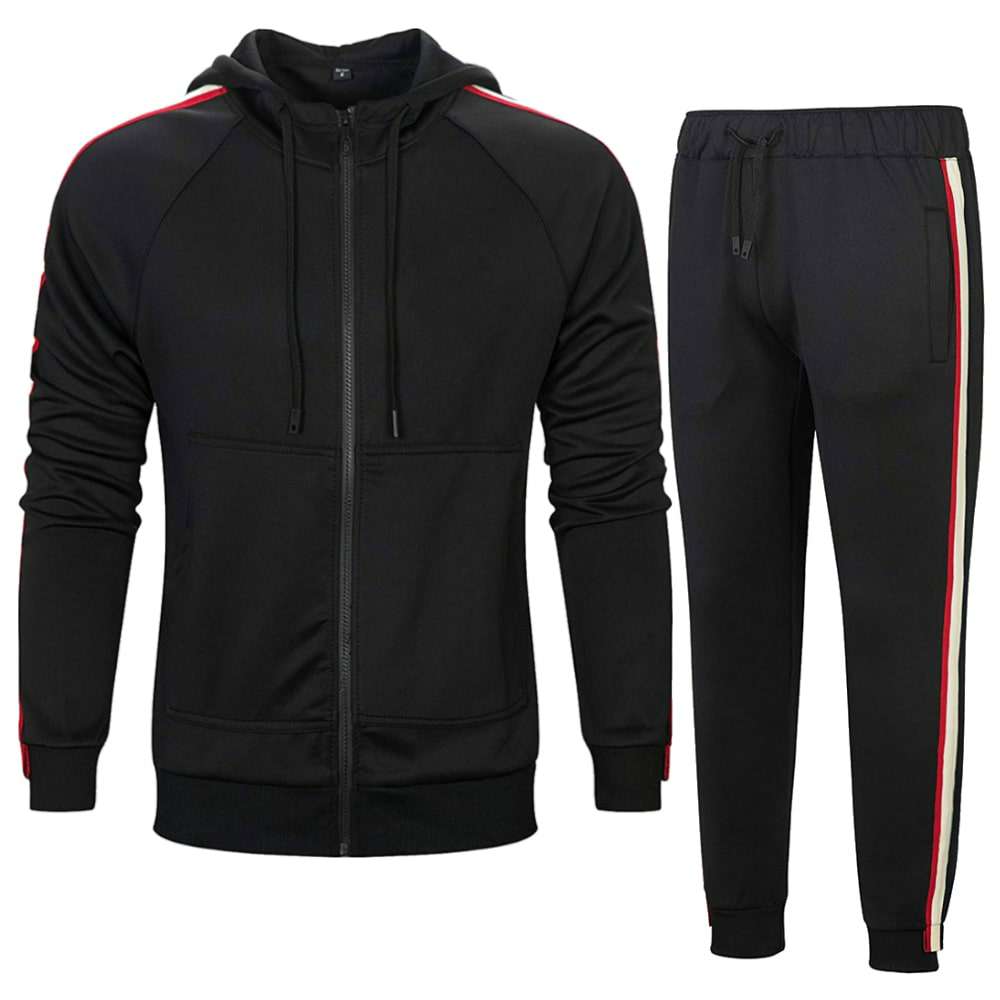 Black Hooded Tracksuit with Red and White Side Stripes
